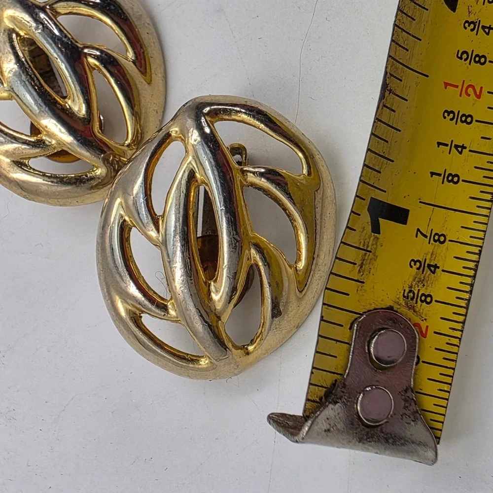 Vintage Gold Tone Abstract Openwork Oval Clip On Earrings Statement Jewelry